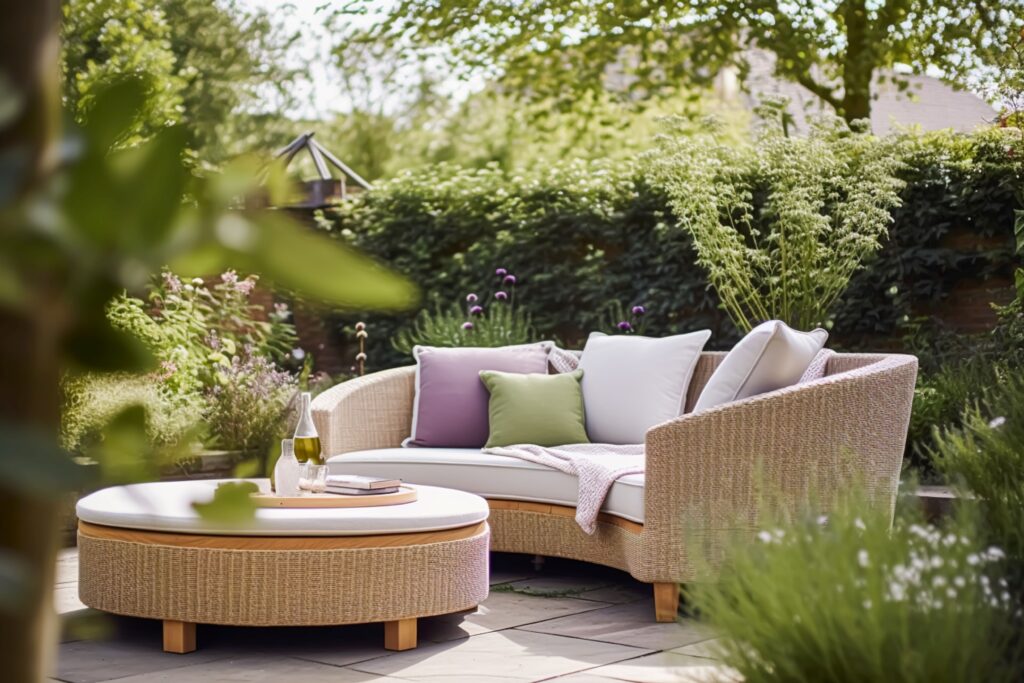 Gartenlounge, Gartenmöbel und Landhaus-Terrassendekoration mit Sofa und Tisch, Landschaftsgestaltung im Landhausstil, generative KI