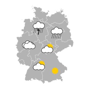 Symbolische Wetterkarte Deutschlands mit regionalen Unterschieden beim Niederschlag